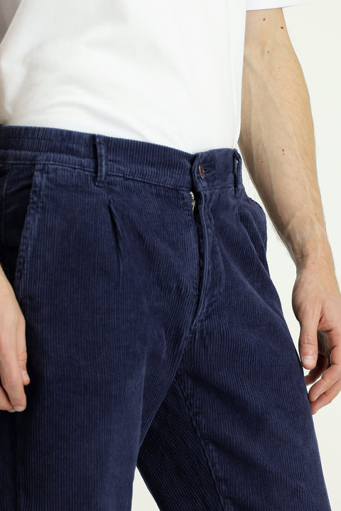 Dark Blue Tapered Fit Lycra Velvet Trousers