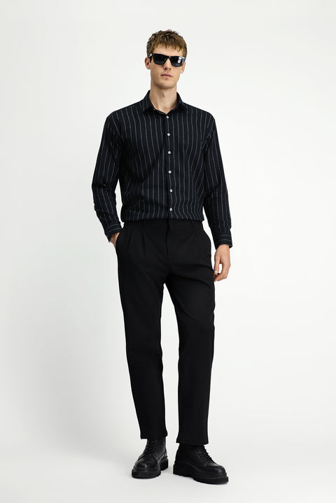 Black Straight Wide Relaxed Fit Pleated Trousers