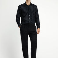 Siyah Straight Wide Fit Pileli Likralı Kanvas / Chino Pantolon