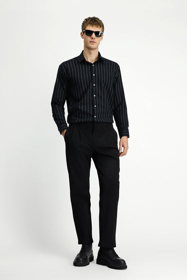  Siyah Straight Wide Fit Pileli Likralı Kanvas / Chino Pantolon