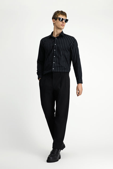 Black Straight Wide Relaxed Fit Pleated Trousers