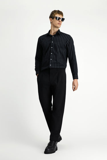  Siyah Straight Wide Fit Pileli Likralı Kanvas / Chino Pantolon