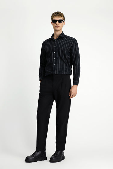  Siyah Straight Wide Fit Pileli Likralı Kanvas / Chino Pantolon