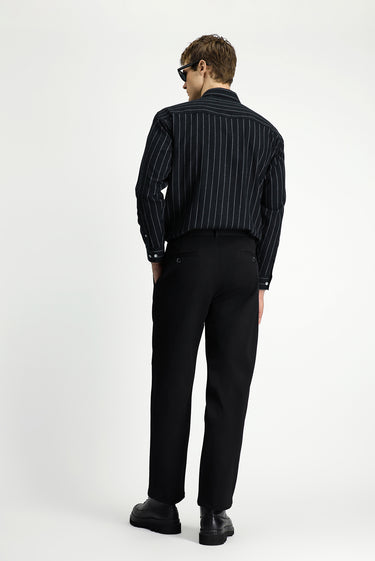  Siyah Straight Wide Fit Pileli Likralı Kanvas / Chino Pantolon