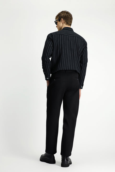 Black Straight Wide Leg Pleated Trousers