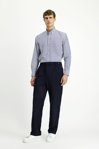  Koyu Lacivert Straight Wide Leg Pileli Pantolon