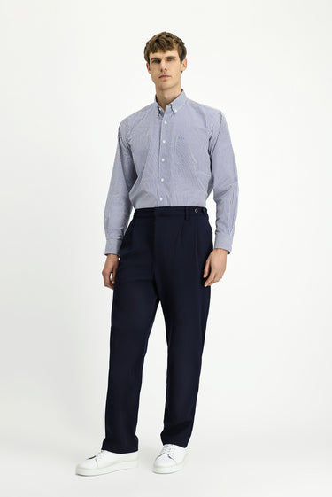 Koyu Lacivert Straight Wide Relax Fit Pileli Likralı Kanvas / Chino Pantolon