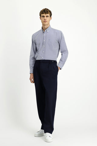  Koyu Lacivert Straight Wide Fit Pileli Pantolon