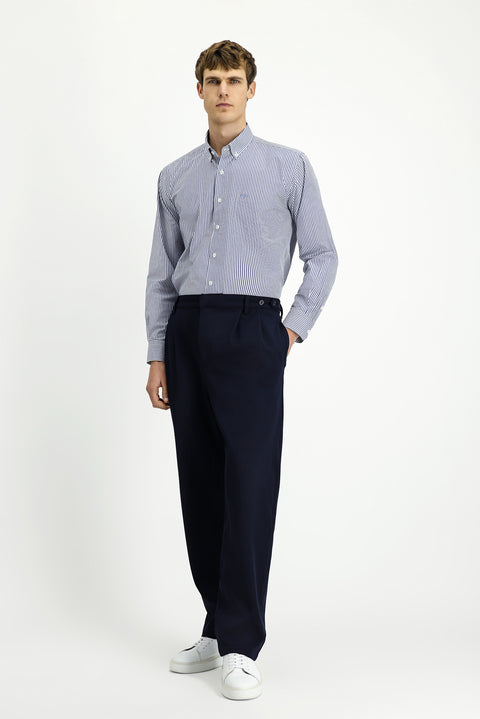 Dark Navy Straight Wide Leg Pleated Trousers