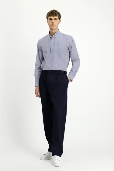 Koyu Lacivert Straight Wide Fit Pileli Likralı Kanvas / Chino Pantolon