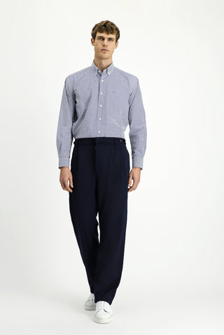  Koyu Lacivert Straight Wide Leg Pileli Pantolon