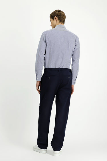 Koyu Lacivert Straight Wide Fit Pileli Likralı Kanvas / Chino Pantolon