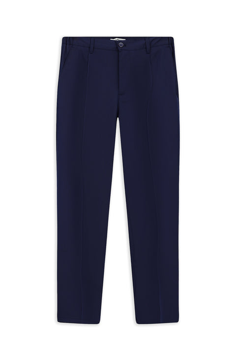 Medium Navy Straight Relaxed Fit Lycra Stretch Elastic Waist Pleated Canvas/Chino Trousers