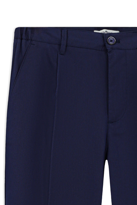Medium Navy Straight Relaxed Fit Lycra Stretch Elastic Waist Pleated Canvas/Chino Trousers