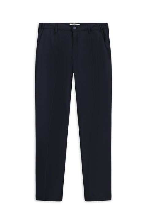 Dark Navy Straight Relaxed Fit Lycra Stretch Elastic Waist Pleated Canvas/Chino Trousers