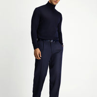 Dark Navy Straight Relaxed Fit Lycra Stretch Elastic Waist Pleated Canvas/Chino Trousers