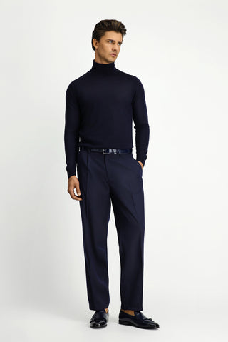  Koyu Lacivert 7 Drop Slim Fit Dar Kesim Likralı Esnek Beli Lastikli Pileli Kanvas / Chino Pantolon