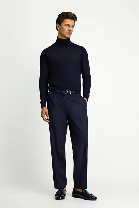 Dark Navy Straight Relaxed Fit Lycra Stretch Elastic Waist Pleated Canvas/Chino Trousers