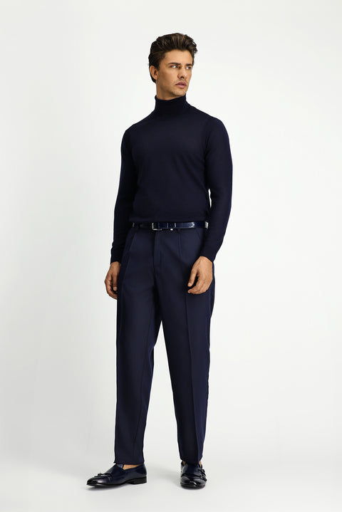 Dark Navy Straight Relaxed Fit Lycra Stretch Elastic Waist Pleated Canvas/Chino Trousers