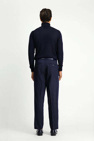  Koyu Lacivert Straight Relaxed Fit Likralı Esnek Beli Lastikli Pileli Kanvas / Chino Pantolon