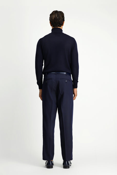 Dark Navy Straight Relaxed Fit Lycra Stretch Elastic Waist Pleated Canvas/Chino Trousers
