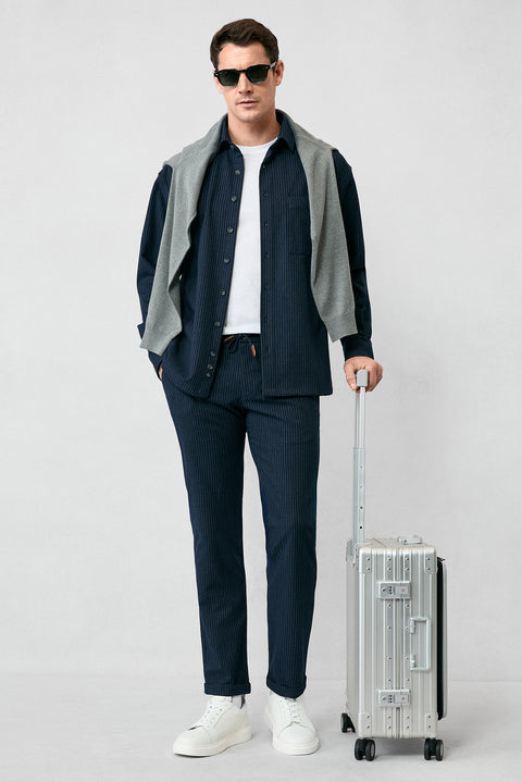 Koyu Lacivert 6 Drop Regular Fit Standart Kesim Çizgili Likralı Beli Lastikli İpli Pantolon