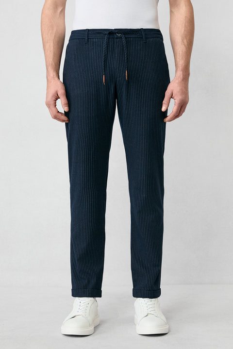 Koyu Lacivert 6 Drop Regular Fit Standart Kesim Çizgili Likralı Beli Lastikli İpli Pantolon