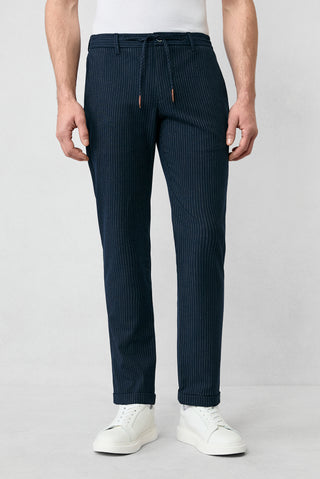  Koyu Lacivert 6 Drop Regular Fit Standart Kesim Çizgili Likralı Beli Lastikli İpli Pantolon