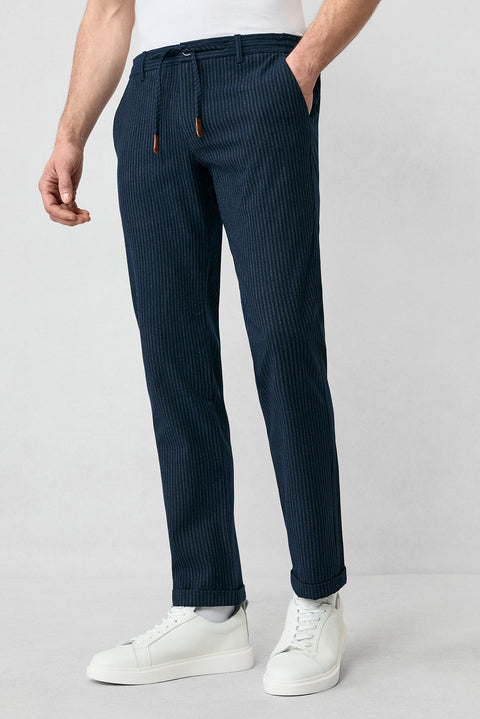 Koyu Lacivert 6 Drop Regular Fit Standart Kesim Çizgili Likralı Beli Lastikli İpli Pantolon