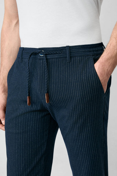 Koyu Lacivert 6 Drop Regular Fit Standart Kesim Çizgili Likralı Beli Lastikli İpli Pantolon