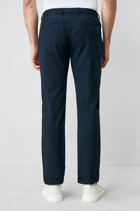 Koyu Lacivert 6 Drop Regular Fit Standart Kesim Çizgili Likralı Beli Lastikli İpli Pantolon