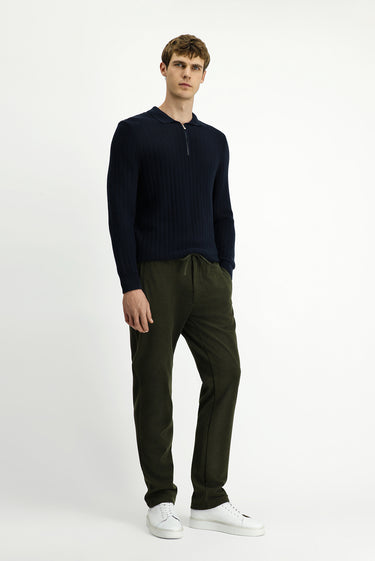  Orta Haki Regular Fit Beli Lastikli İpli Örme Jogger Pantolon