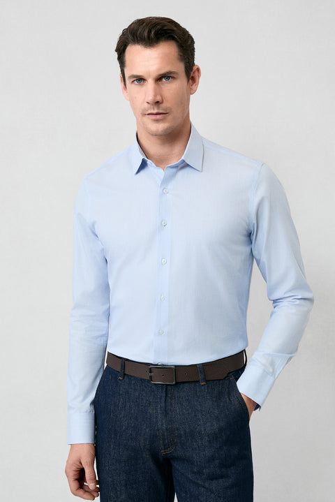 Mavi Uzun Kol Slim Fit Dar Kesim Pamuk Klasik Çizgili Gömlek