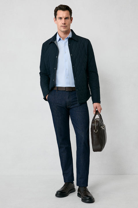 Mavi Uzun Kol Slim Fit Dar Kesim Pamuk Klasik Çizgili Gömlek