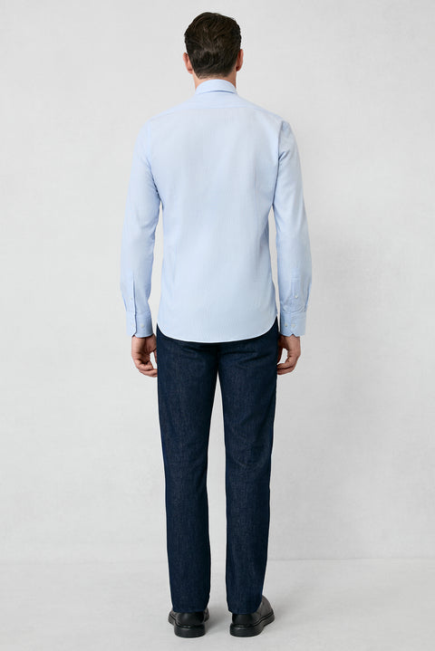 Mavi Uzun Kol Slim Fit Dar Kesim Pamuk Klasik Çizgili Gömlek