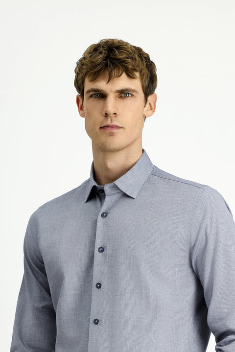 Açık Lacivert Uzun Kol Slim Fit Dar Kesim Desenli Pamuk Gömlek