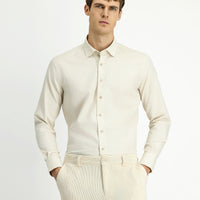 Kırık Beyaz Uzun Kol Slim Fit Dar Kesim Desenli Pamuk Gömlek