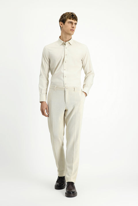 Kırık Beyaz Uzun Kol Slim Fit Dar Kesim Desenli Pamuk Gömlek