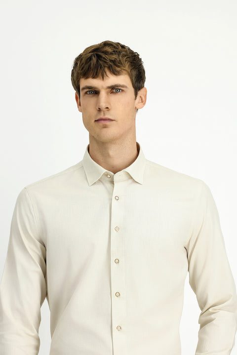 Kırık Beyaz Uzun Kol Slim Fit Dar Kesim Desenli Pamuk Gömlek