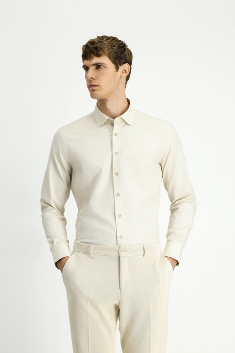 Kırık Beyaz Uzun Kol Slim Fit Dar Kesim Desenli Pamuk Gömlek