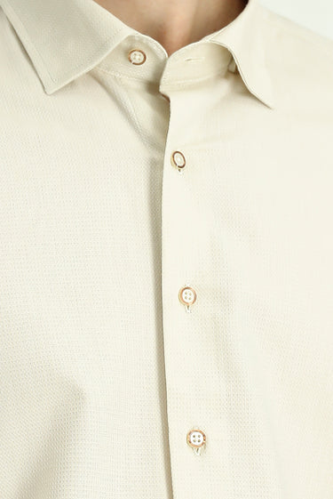 Kırık Beyaz Uzun Kol Slim Fit Dar Kesim Desenli Pamuk Gömlek