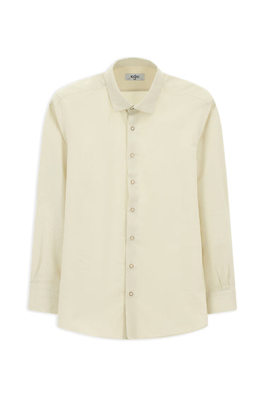 Kırık Beyaz Uzun Kol Slim Fit Dar Kesim Desenli Pamuk Gömlek