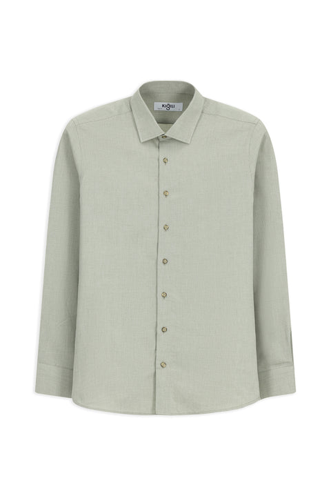 Çağla Yeşili Uzun Kol Slim Fit Dar Kesim Desenli Pamuk Gömlek