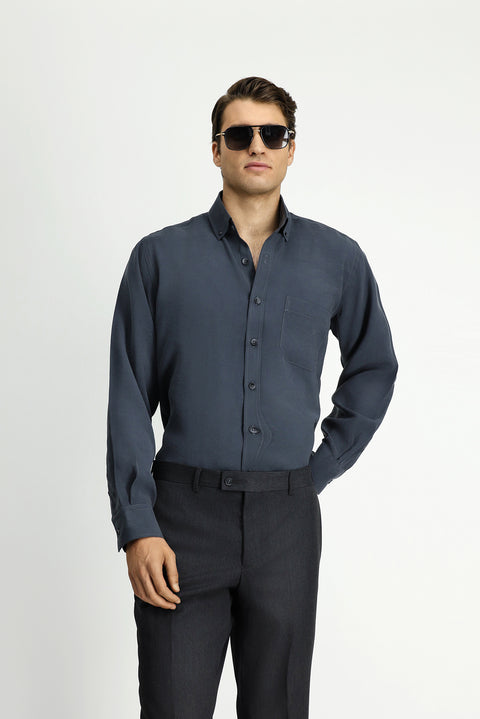 Orta Füme Uzun Kol Regular Fit Düğmeli Yaka Cepli Modal Karışımlı Gömlek