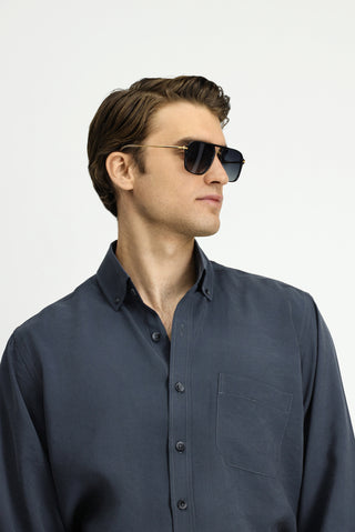  Orta Füme Uzun Kol Regular Fit Düğmeli Yaka Cepli Modal Karışımlı Gömlek