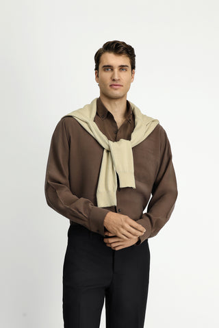  Koyu Kahve Uzun Kol Regular Fit Düğmeli Yaka Cepli Modal Karışımlı Gömlek