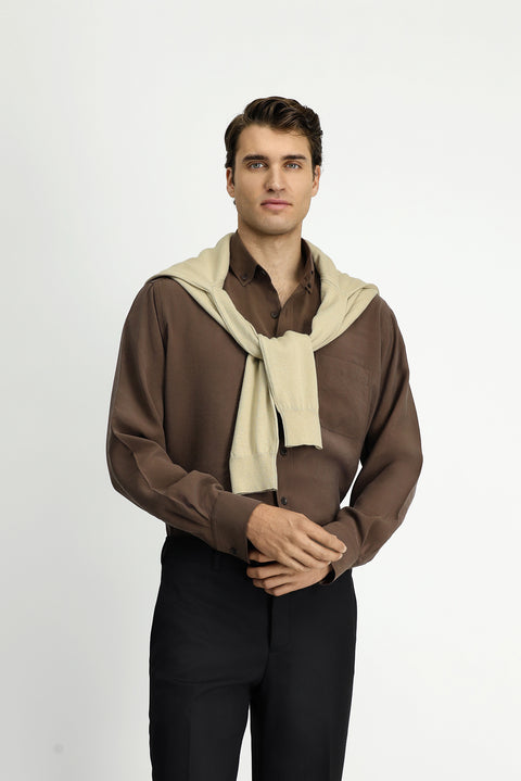 Koyu Kahve Uzun Kol Regular Fit Düğmeli Yaka Cepli Modal Karışımlı Gömlek