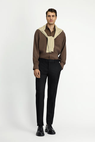  Koyu Kahve Uzun Kol Regular Fit Düğmeli Yaka Cepli Modal Karışımlı Gömlek