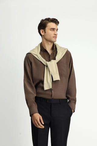  Koyu Kahve Uzun Kol Regular Fit Düğmeli Yaka Cepli Modal Karışımlı Gömlek