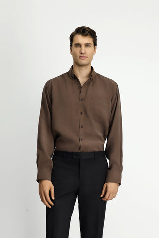  Koyu Kahve Uzun Kol Regular Fit Düğmeli Yaka Cepli Modal Karışımlı Gömlek